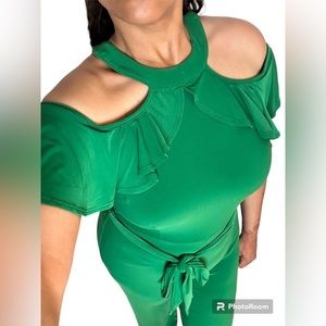 New York & Company cold ruffle shoulder stretch green jumpsuit in size medium